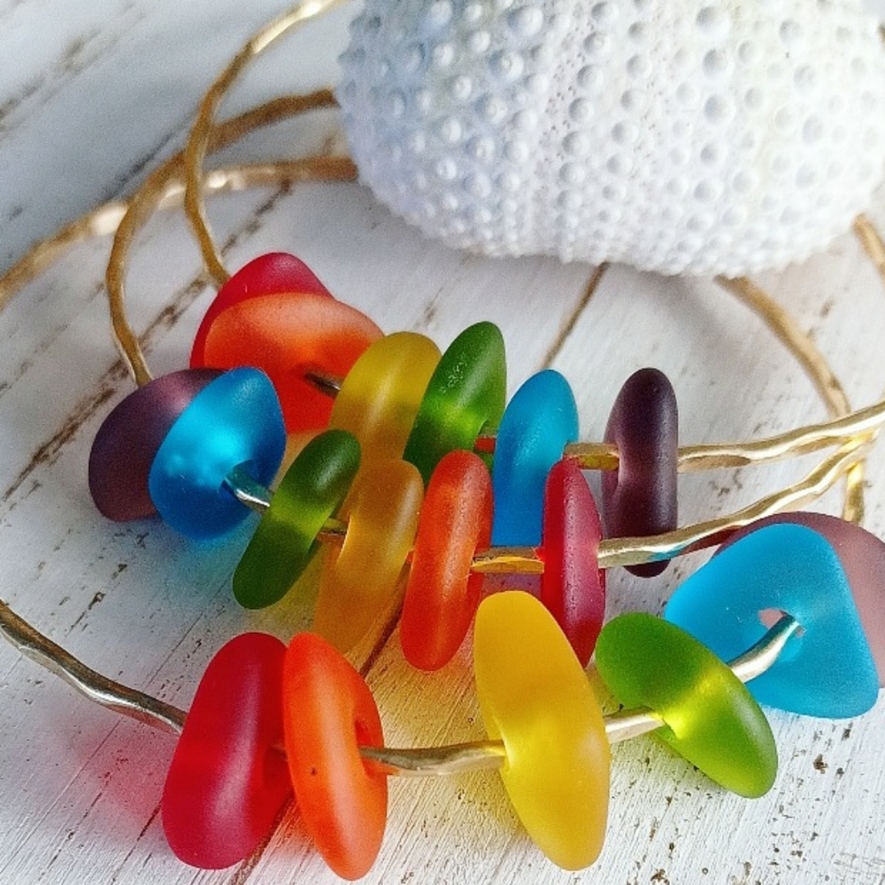 Rainbow Sea Glass 14k Gold Filled Bangle | Colorful - Picture 1 of 2